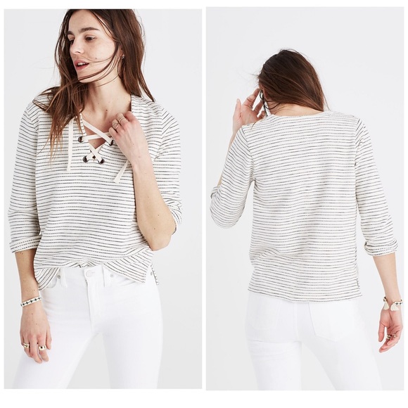 Madewell XS Striped Lace Up Boxy Fit Nautical Vibe Top Soft Terry Cotton Cream - Picture 2 of 9